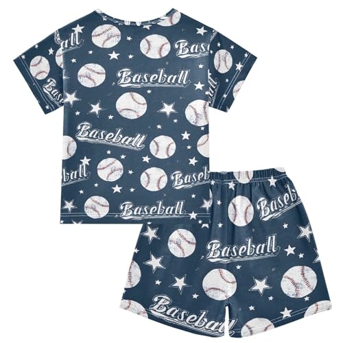ALAZA Cartoon Vintage Baseball Blue Pajamas Set Short Sleeve Cotton Sleepwear Summer Pjs 2 Piece 5-14Y2