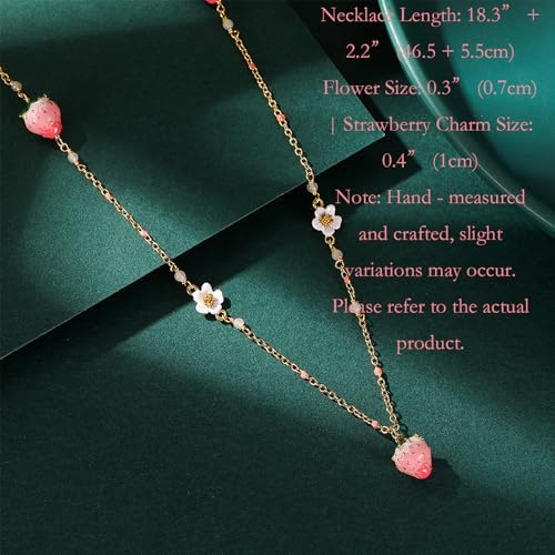 Strawberry Necklace for Women - Gold Plated Brass Fruit Jewelry, Floral Charm Pendant Gift, Cute Dainty Fashion Accessories (White Flower Pink Strawberry)3
