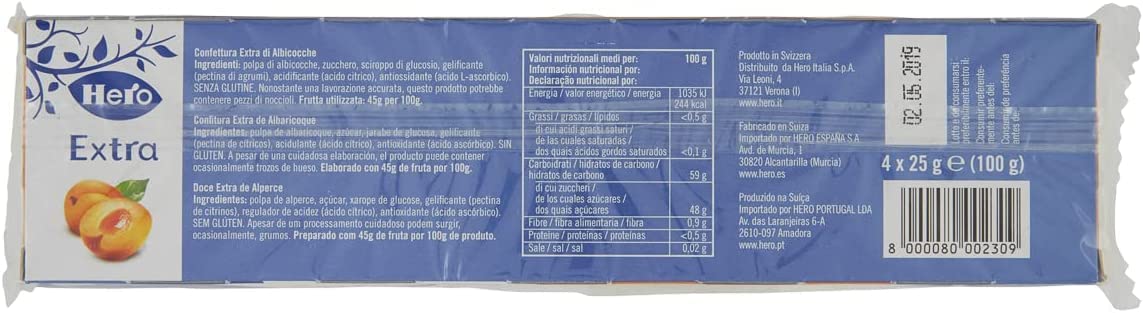 Hero Poker Apricot Jam, Mermelada y Extra Jam, fruta de alta calidad, sin conservantes ni colorantes, 30 paquetes de 100 gramos (4 porciones individuales x 25 gramos)