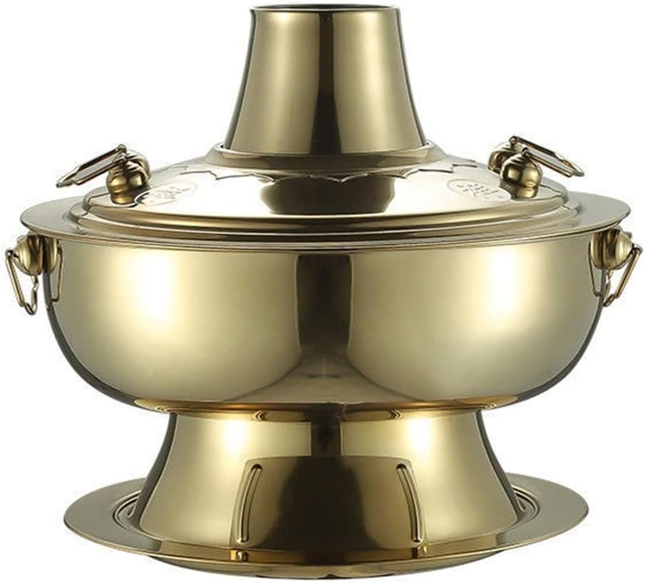 Chinese Hot Pot,Copper Hot Pot, All Copper Thick Charcoal Heated Old Hot Pot, Mongolian Multi-person Hot Pot, 30-36cm Suitable For Family Dinner And Outdoor Picnic(Gold,32cm)