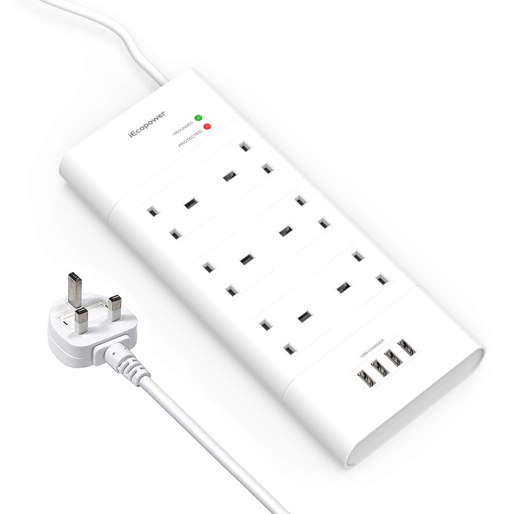 Buy IECOPOWER Power Strip Extension Lead with USB Ports 6 Way Outlets 4 USB Slots White Surge