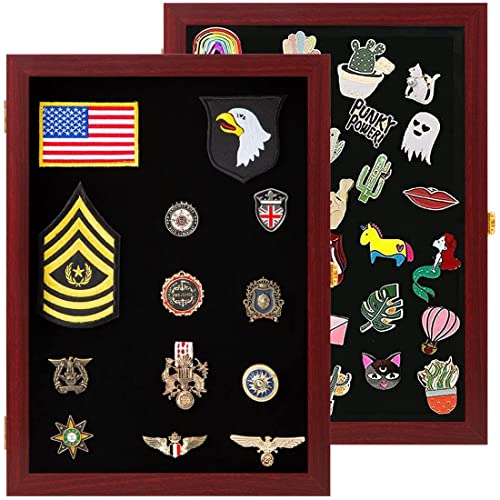 Image of VERANI Pin Display Case Badge Display Frame Large Mahogany for Beach Tags | Flexible layout arrangement,Premium real clear glass door,Wood matte black frame,Wall mountable design