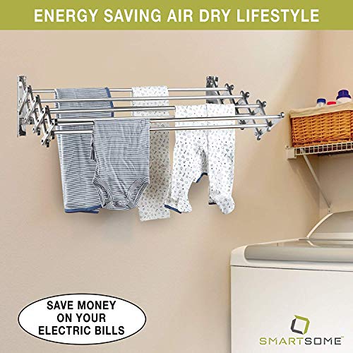 Smartsome Space Saver Fold Away Racks: Stainless Steel Wall Mounted Laundry Drying Rack, Easy To Install - 8 34" Rods, Total: 22.5 Linear Ft, 60 Lb Capacity- Indoor And Outdoor Use #TOP4