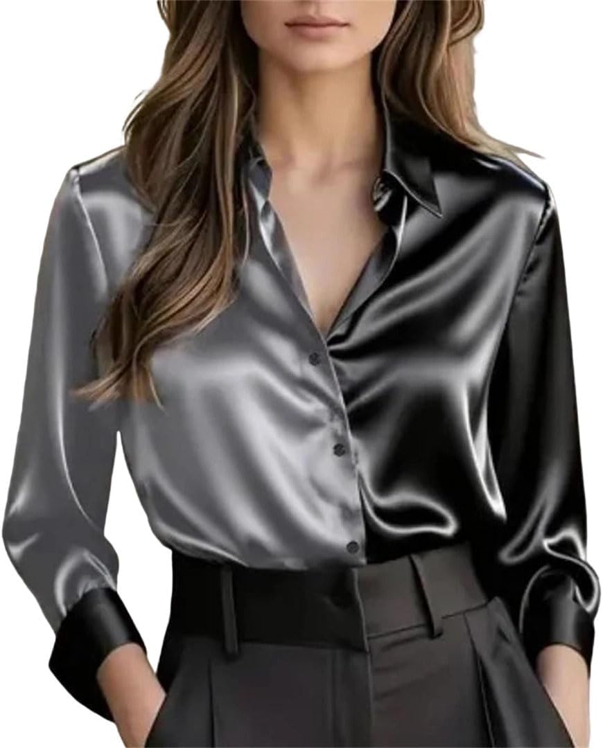 Women Spring Long Sleeve Turn Down Collar Button Mesh See Through Sleeve Shirt 17 XL