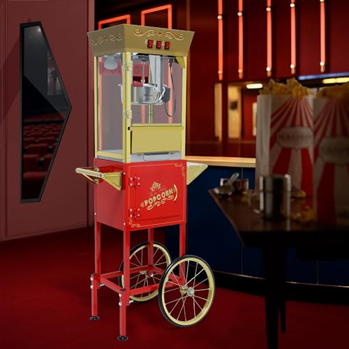 Image of Montary 12 Oz Commercial Popcorn Machine with Cart,Vintage Style Popcorn maker Equipped with Popcorn Scoops, Heated Deck & Storage for Home Movie House and Carnival,Red