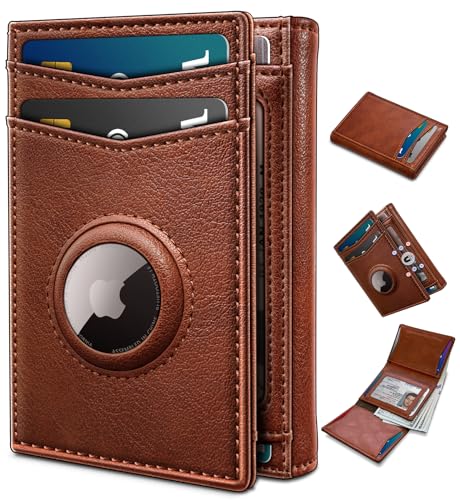 miyozi Airtag Wallet for Men with Cash Pocket 2 ID Window 14-16 Cards Magnetic Closure Slim Trifold Leather Wallet 4.0x3.1 RFID Blocking Front Pocket Wallet with Gift Box