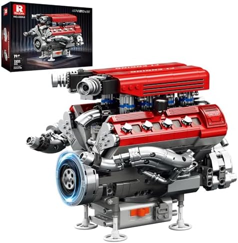 Reobrix V8-Benzinmotor-Bausatz, Automotor-Modell mit elektrischem Antrieb | Realistische Motorbewegung, Bewegliche Kolben und Kurbelwelle, Mechanisches V8-Motormodell 33015, für Au