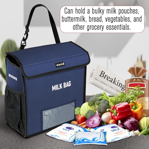 Image of Storite Milk Bag for Door Hanging - Insulated and Waterproof Storage for Milk Sachets, Bottles, Outdoor Gate Delivery Basket Box with Pocket for Notes and News Paper (Jumbo Blue, Large (36x17x35cm))