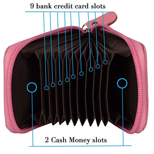 Image of Credit Card Case Organizer Genuine Leather Zip-Around Security Wallet Pink