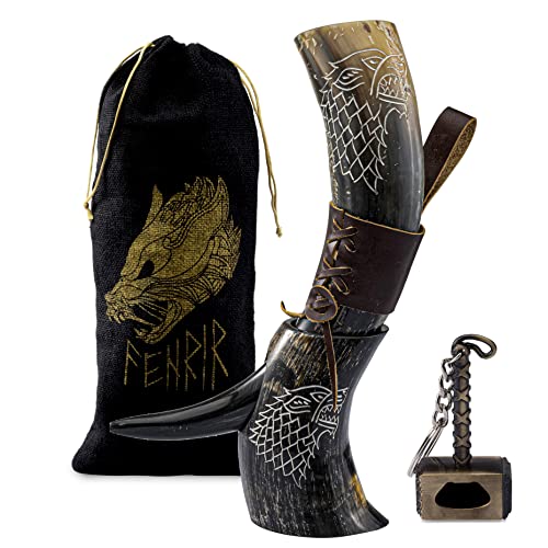 FENRIR Wikinger Trinkhorn aus echtem Leder mit braunem Holsteröffner Wolf für Ale Met Geschenk für Männer und Frauen 100 % authentisches mittelalterliches Nordhorn Größe 425 - 510 ml natürlicher