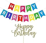 Happy Birthday Banner Colorful Party Decorations Bunting Garland With Happy Birthday Cake Topper