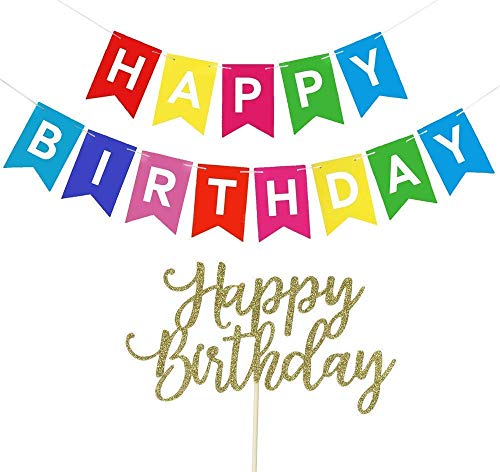 Happy Birthday Banner Colorful Party Decorations Bunting Garland With Happy Birthday Cake Topper