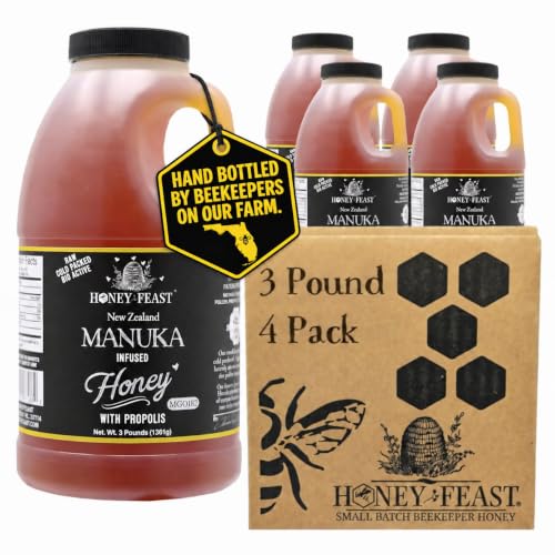 HONEY FEAST Manuka &amp; Propolis Infused Honey 3 Pounds (Pack of 4), MGO 182 – New Zealand Manuka Blend with Propolis, Patent-Pending Formula
