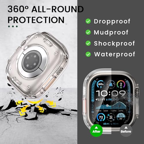 Image of 3 in 1 Goton Waterproof Hard Case for Apple Watch Screen Protector 49mm, 360 Slim Full Protective Tempered Glass Face Cover + Back Hard PC Bumper for iWatch Ultra 3 /Ultra 2 /Ultra, 49mm Clear