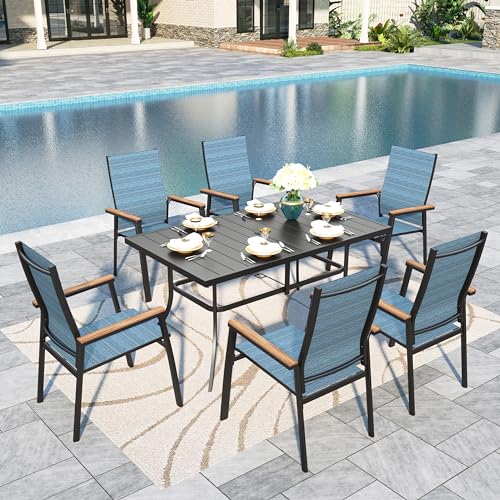 Image of Sophia & William Outdoor Dining Set 7 Pieces, 6 Aluminum Stackable Chair for Space-Saving and 59 inch x 35 inch Patio Dining Table, Easy to Move for Outdoor Garden Lawn (Blue)