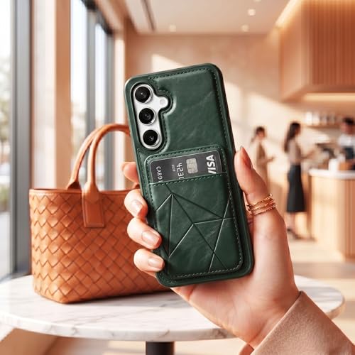 Image of amazon basics Premium Vegan Leather Back Cover with Card Holder and Integrated Mobile Stand for Samsung Galaxy S24FE 5G - Slim Shockproof Wallet Case with Geometric Stitching [Green]