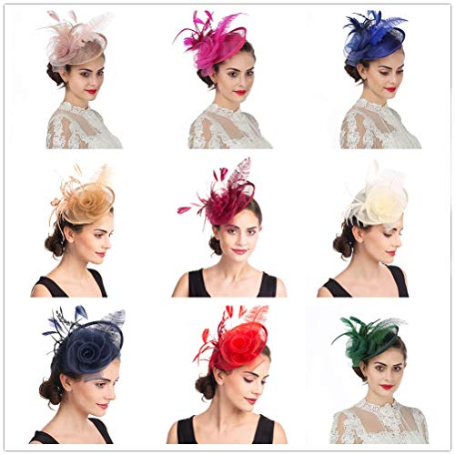 SAFERIN Fascinator for Women Hair Clip Hat Bowler Feather Flower Veil Wedding Party Hat (TA4-Sinamay Khaki)