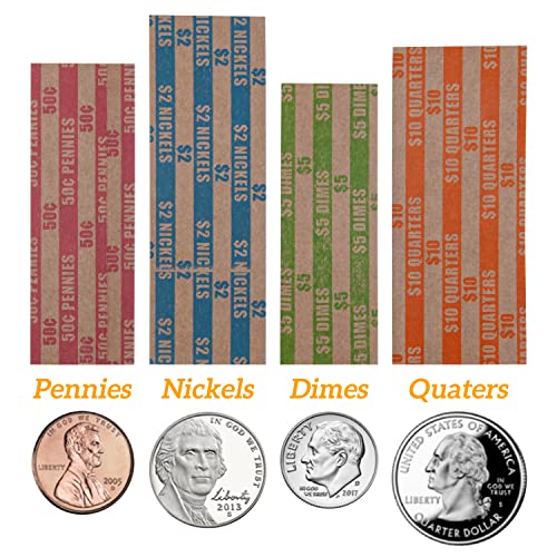 Image of DGBDPACK 125 Assorted Flat Coin Wrappers, 25 Dimes, 25 Nickels, 25 Pennies, 50 Quarters Convenient Pack