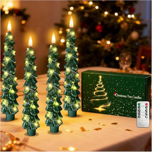 QVAIVE Christmas Tree Candles Flameless Taper Candles with Remote & String Lights 4 Pcs Battery Operated LED Green Christmas Candlesticks for Holiday Fireplace Decorations