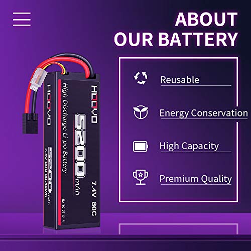 HOOVO 2S 7.4V 5200mAh 80C Lipo Battery Hard Case with Traxxas Plug Connector for RC Car Vehicle Truck Buggy Losi Traxxas Slash Buggy Team Associated