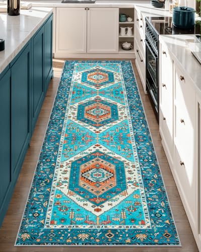 SERISSA Boho Washable Runner Rug, 2'6"x8' Rug Runner Non-Slip Vintage Blue Hallway Kitchen Runner Rug Ultra Soft Print Distressed Tribal Floor Carpet Runner for Bedroom Bathroom Laundry Room