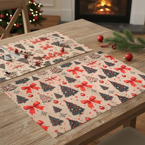 Image of Dining Table Mats Set of 2 - Christmas Tree Red Bow Theme,Digital Print, Washable, Indoor /Outdoor, Heat-Proof, Wipe & Clean (47X33 cm) Olive & Green