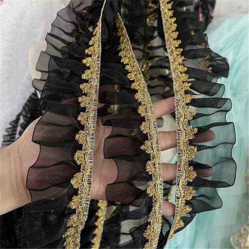 Ruban en mousseline de soie noire 5cm avec motif plissé orné d'or