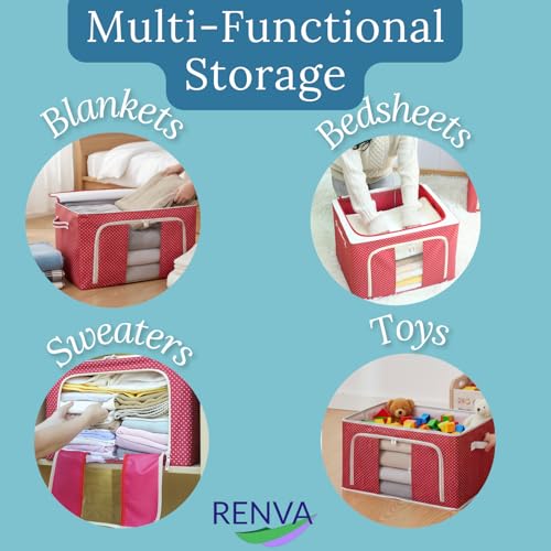 Image of RENVA 6 PCS polycotton Clothes Storage Organizer Bins, Foldable Storage Bins-Cloth Steel Frame Storage Box with Foldable Clear Window & Reinforced Handles (Red, 66L-6)