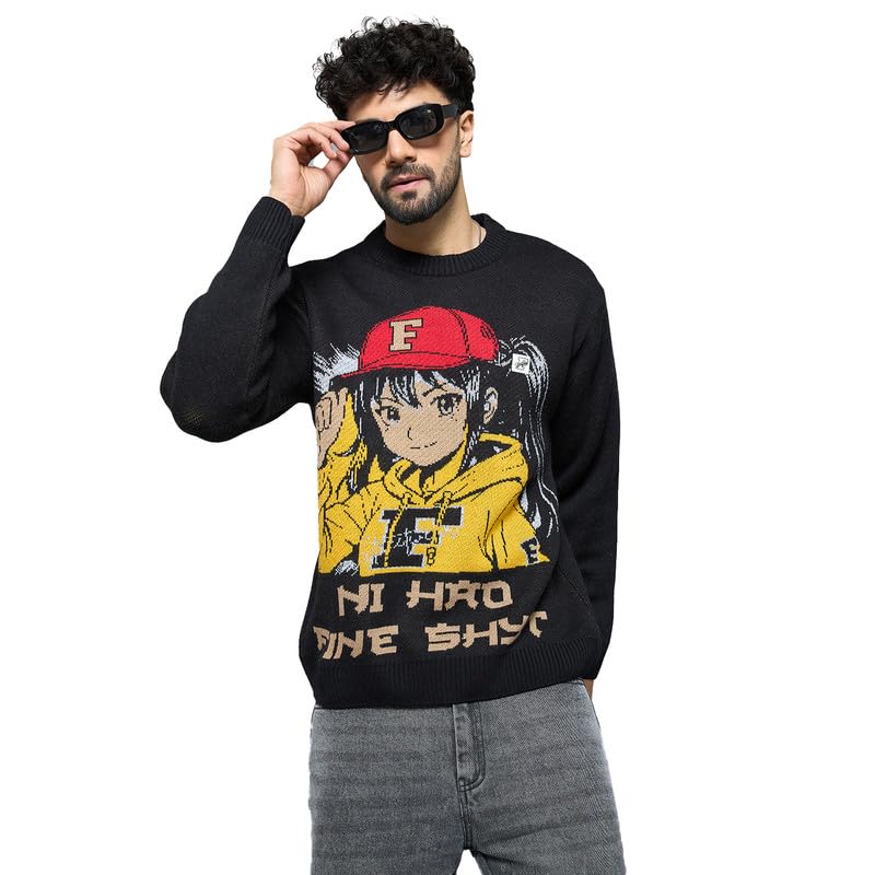 Black Anime Graphic Knitted Sweater | Oversized Wool Acrylic Blend Pullover | Crew Neck Winter Jumper | Full Sleeve Warm Knitwear-image-26