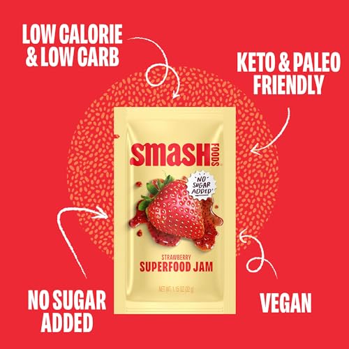 Image of Smash Foods Strawberry Jam Squeeze Packets | 10 Single Serve | Natural, Keto & No Sugar Added | Vegan & Upcycled Fruit Spread | Low-Calorie, Superfood Snack