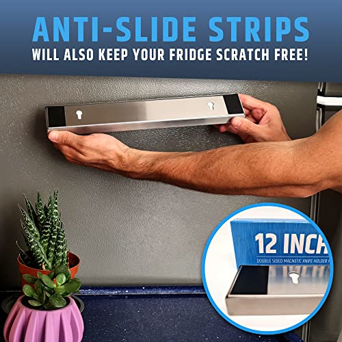 Image of 12 inch Premium Magnetic Knife Holder for Refrigerator (Double-Sided Heavy-Duty Magnets) - Upgraded Strip for Strong Fridge Mount - Clear Up Counter Space - 304 Anti-Rust Stainless Steel (Upgraded Design)