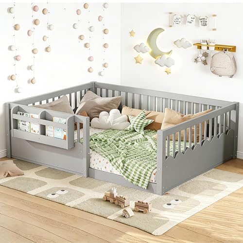 Image of Bellemave Full Size Kids Montessori Floor Bed,Solid Wood Floor Bed Frame with Bookshelf and High Fence for Kids,Girls,Boys,Gray