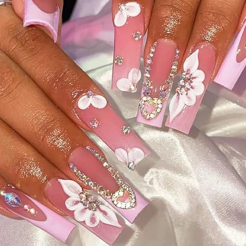 24 piezas de uñas acrílicas postizas largas tipo coffin con brillo ombré rosa cromado y diseño de pedrería para mujeres y niñas miniatura 1