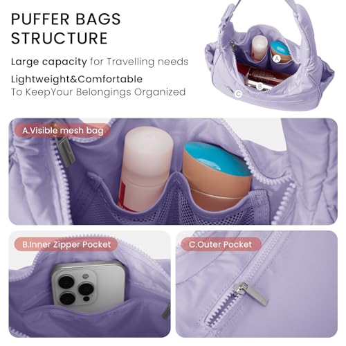 Image of Small Puffer Crescent Shoulder Bag for Women Lightweight Water-Resistant Nylon Purse with Adjustable Strap & Multiple Pockets