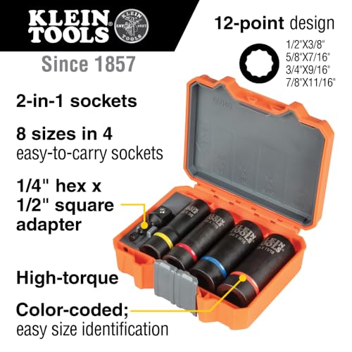Image of Klein Tools 66040 2-in-1 Impact Socket Set, 5-Piece Tool Set with 12-Point Deep Sockets with 1 /2-Inch Drive, Includes Tool Case