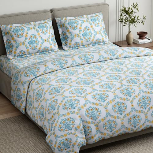Image of Haus & Kinder King Size Bedsheet for Double Bed with 2 Pillow Covers 108 x 108 Inches | 186 TC Cotton Bedsheet for King Size Bed - Amber Orchard