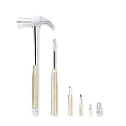 YOUMI 6 in 1 Metal Hammer & Screwdriver Multitool Set with Anti-Slip Grip Handle Slotted/Flat Head Phillips Screwdriver Nail Puller and Claw Hammer Best Gift for Sweetheart(Silver Yellow)