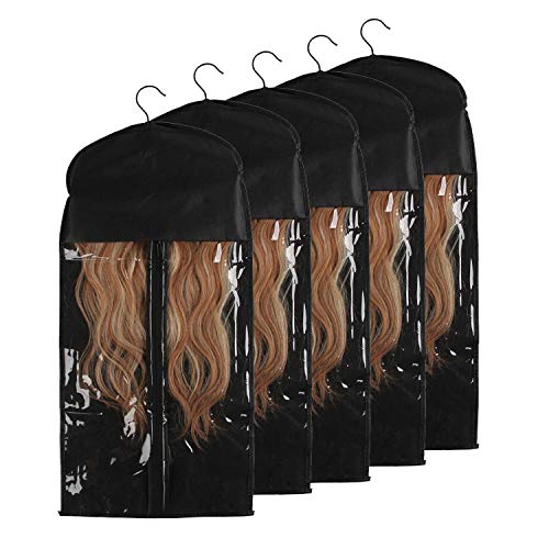 Weimob Hair Extension Wig Carrier Storage Case Dustproof Bag with Wooden Hair Hanger Pack of 5