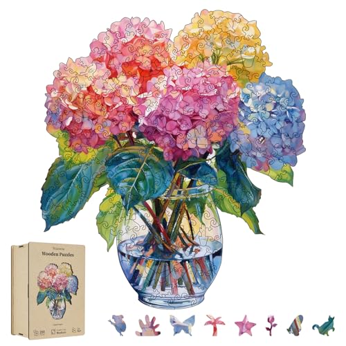 200 Pieces Flowers Wooden Puzzles for Adults, Hydrangea Unique Shaped Wooden Jigsaw Puzzles for Adults, Irregular Adult Wood Puzzle Creative Gift for Family Game 10.23x11.6 in