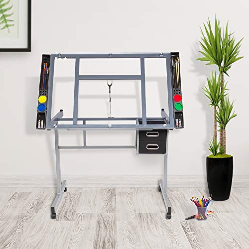 Bonnlo Glass Top Drafting Table, Professional Drawing Desk Art Craft Work Station, Angle Adjustable W/Storage Drawers For Reading, Writing #TOP4