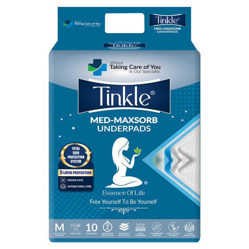 Tinkle Med Maxsorb Disposable Bed Underpad Sheets, Incontinence Bed Pads/Mats Under Sheets, (10 Pcs, Blue, Large, 60x60 cm), Soft Comfort Bed Wetting Protection Sheets for Adults Patients & Hospitals