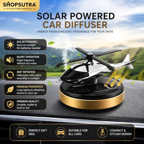 Image of Solar Helicopter Car Perfume Diffuser with Wooden Insert and Aluminum Base (Gold Helicopter)