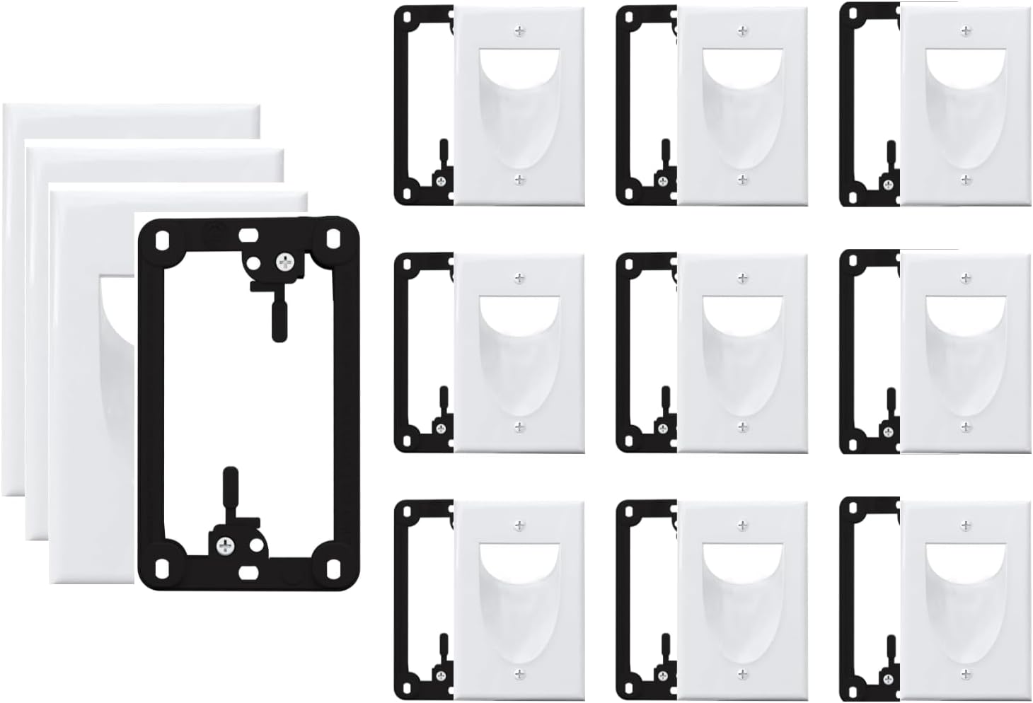 12 Pack Wall Plate & 10 Pack Bracket Single Gang - in Wall Cable Management Kit - Recessed Cable Wall Plate Pair with Single Gang Low Voltage Mounting Bracket - Decorator Cover for Low Voltage Cables