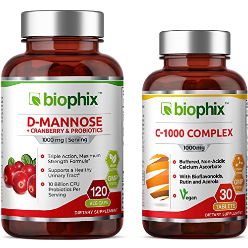 D-Mannose Plus Cranberry Probiotics 1000 mg 120 Vcaps - Free Vitamin C-1000 30 Tablets - Supports Urinary Bladder Tract Health and Digestive Well Being