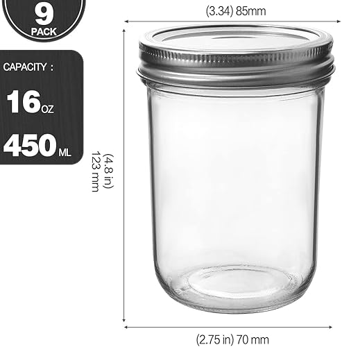 Miniatura 2 de KAMOTA Tarros Mason de boca ancha, paquete de 9 unidades de 16 onzas con tapas de boca ancha y bandas, ideales para mermelada, miel, recuerdos de