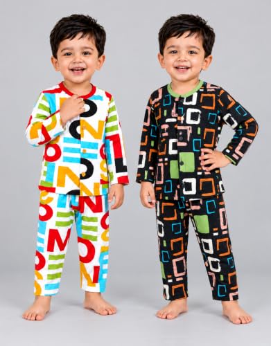Image of 3BROS Kids Pure Cotton Night Suit Set | Boys Girls Printed Sleepwear Shirt & Pajama Clothing Combo | Soft Breathable Night Dress Outfit | Pack of 2