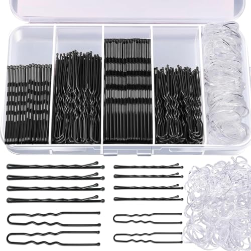 Image of MAYCREATE 300pcs Bobby Pins Hair Pins U Pins with Mini Rubber Hair Ties, Stylish Metal Bobby Pins for Updos, Holding Stray Strands, Hair Accessories Hair Pins for Girls Women, Black