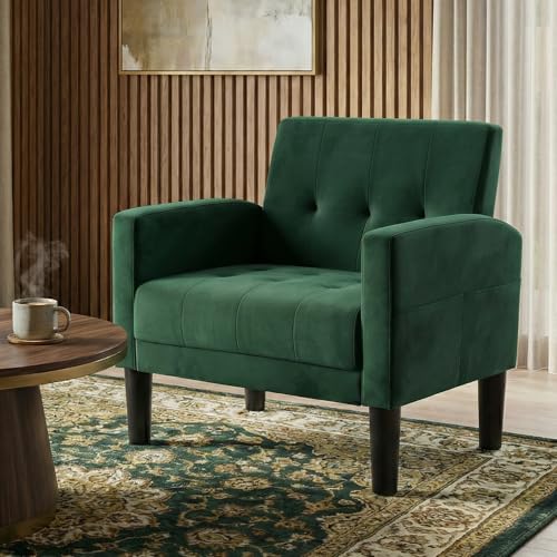 GRAVFORCE Armchairs Comfy Upholstered Living Room Chair Mid Century Modern Accent Arm Chairs with Pocket Storage Green