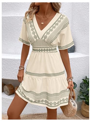 Image of SweatyRocks Women's Printed V Neck Mini Dresses A Line Dolman Short Sleeve Summer Boho Dress