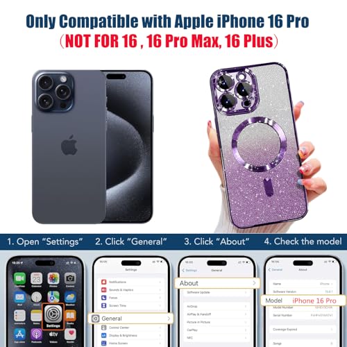 Image of Misscase for iPhone 16 Pro Magnetic Glitter Case Compatible with MagSafe,Camera Lens Protector Full Protection Elegant Anti-Scratch Dust-Proof Net Case Cover for iPhone 16 Pro Purple